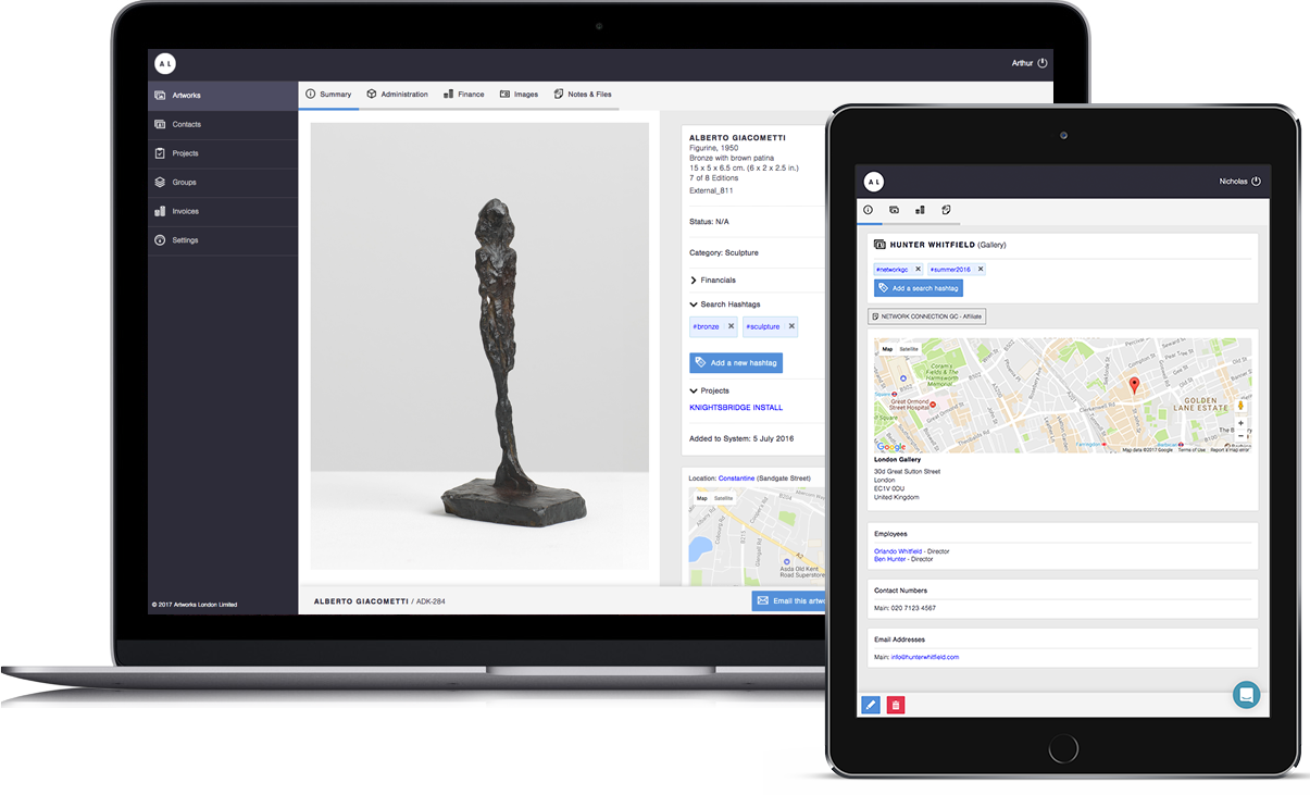 An Apple macbook and ipad showing views from the Artworks London database system.